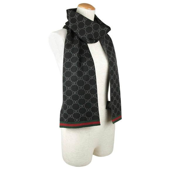 GUCCI 2024 Unisex Wool Tricot GG Monogram Web Solange Scarf in Black/Grey - Picture 2 of 9